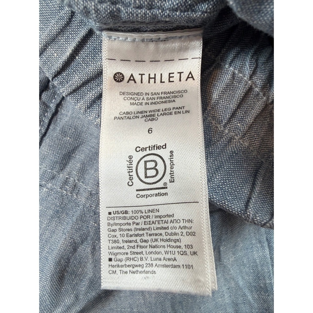 Athleta Cabo Linen Wide Leg Pants Womens 6 Blue Coastal Lagenlook Elastic Waist - Picture 7 of 7